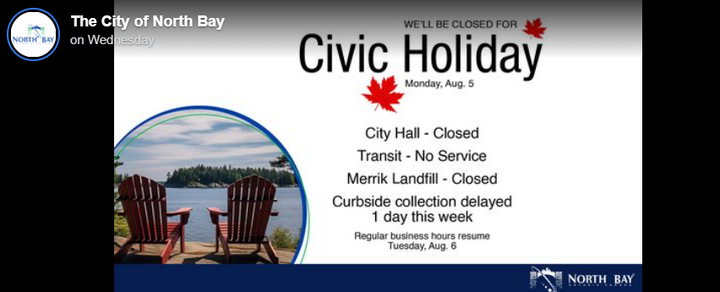 City services impacted by Civic Holiday